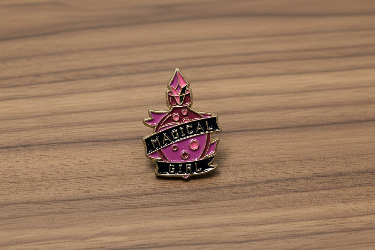 magical girl enamel pin on wood background witchy enamel pin with bottle detail
