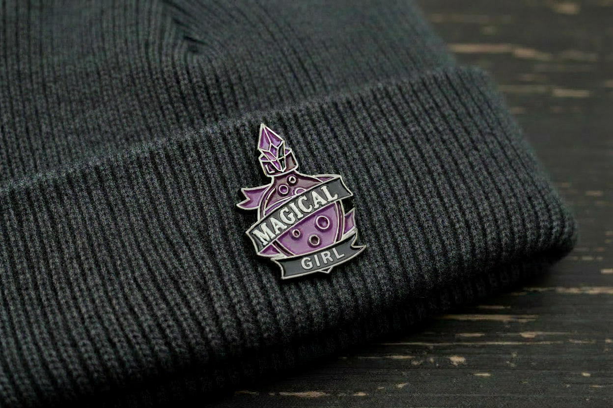 Magical Girl Enamel Pin worn on beanie hat alternative enamel pin for casual outfits and street wear
