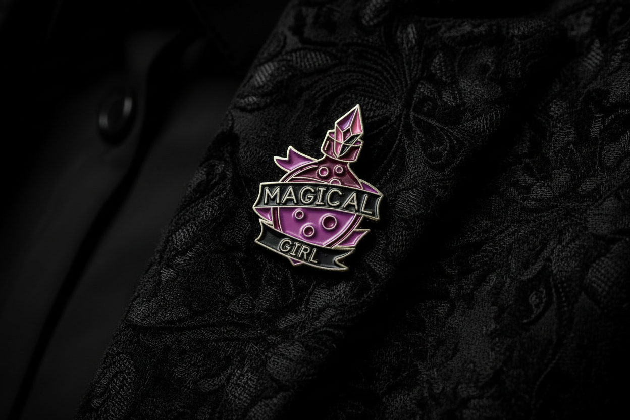 Magical Girl Enamel Pin worn on jacket lapel, gothic pin style for everyday wear