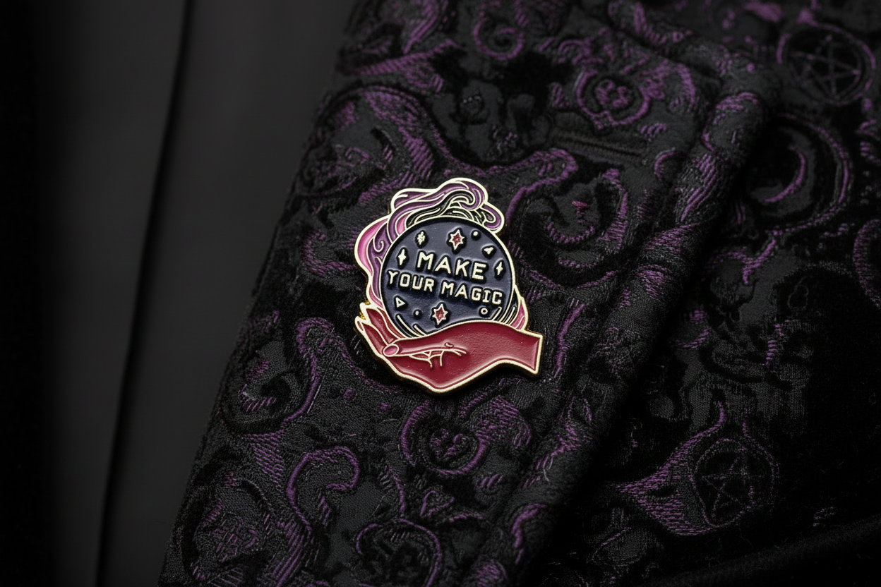 Make Your Magic Enamel Pin worn on jacket lapel, goth pin style for everyday wear