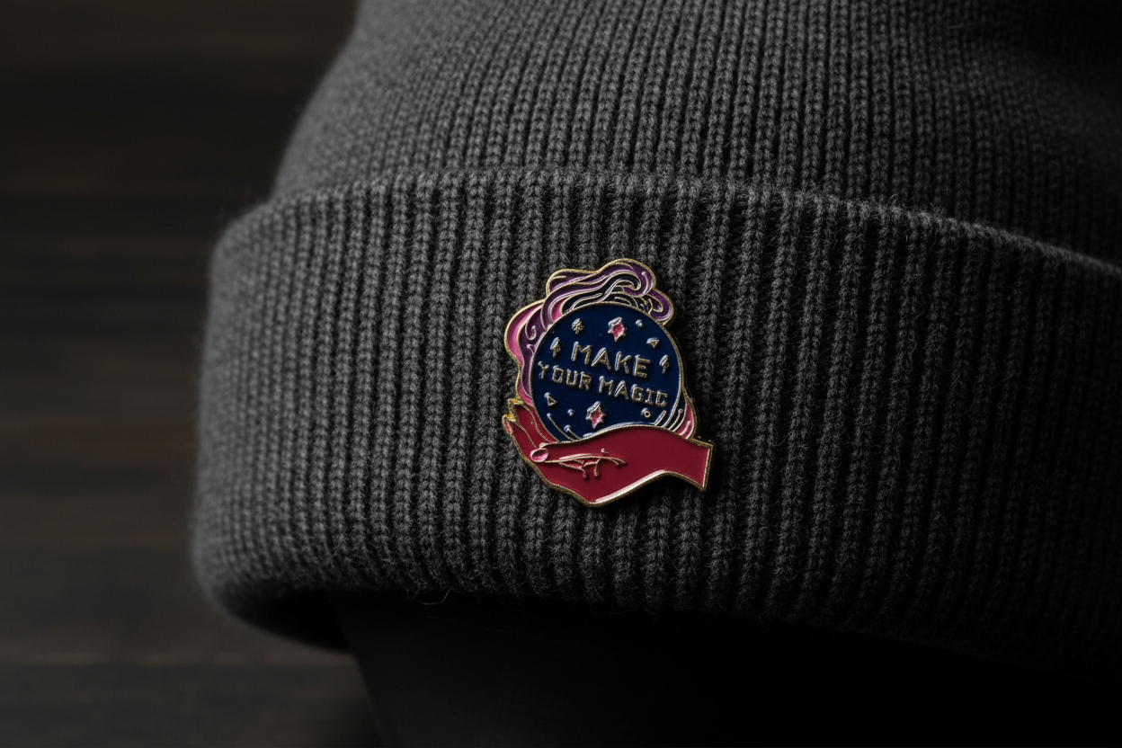 Make Your Magic Enamel Pin worn on beanie hat alternative enamel pin for casual outfits and street wear