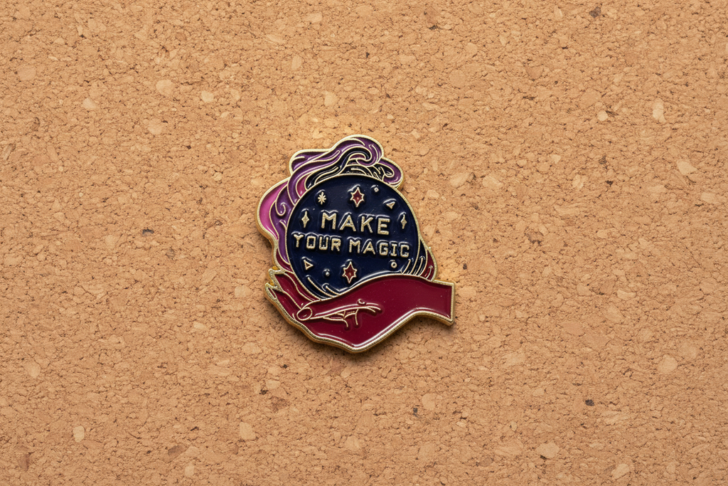 Make Your Magic Enamel Pin displayed on cork board wiccan enamel pin for collectors and display