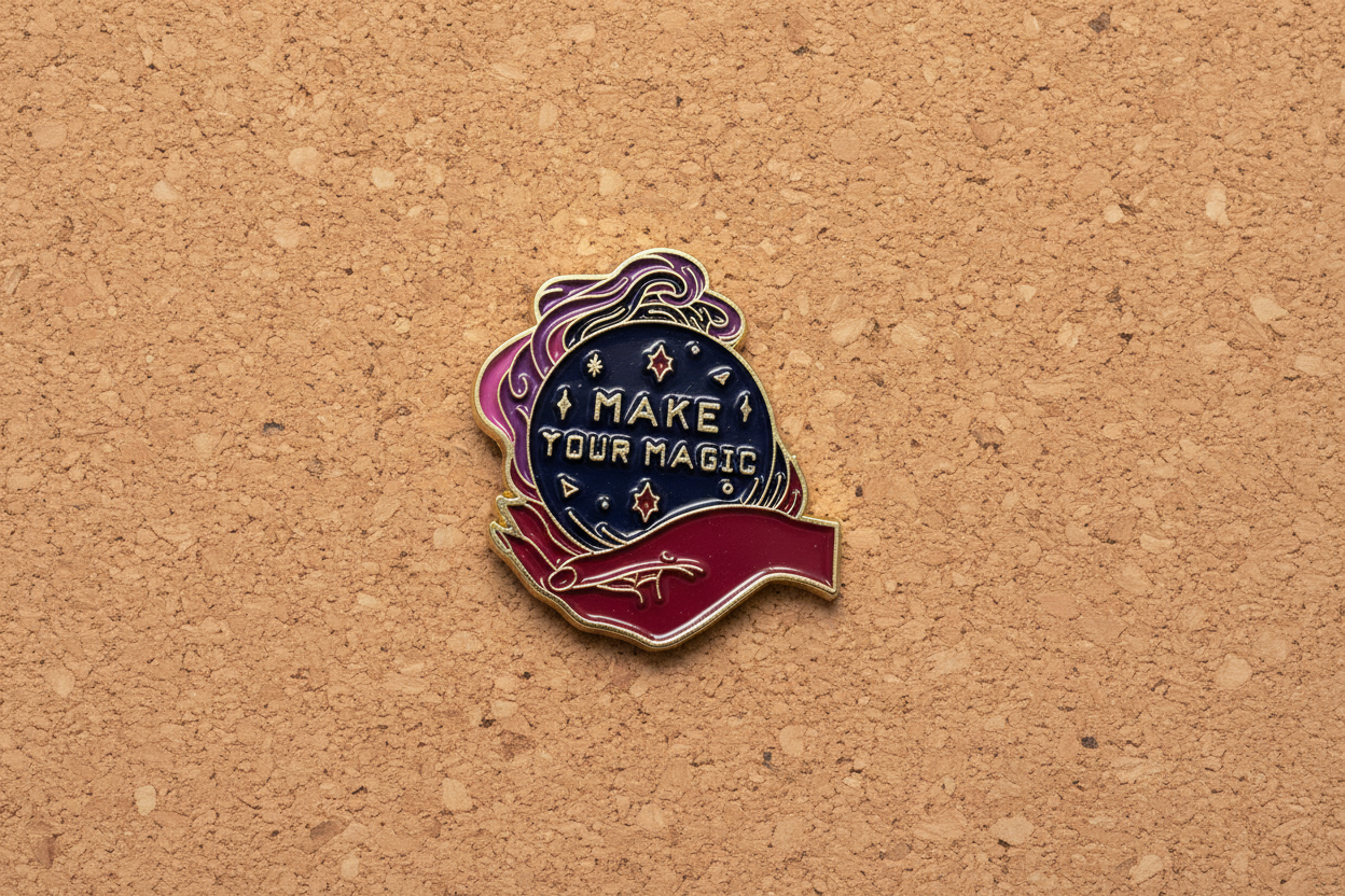 Make Your Magic Enamel Pin displayed on cork board wiccan enamel pin for collectors and display