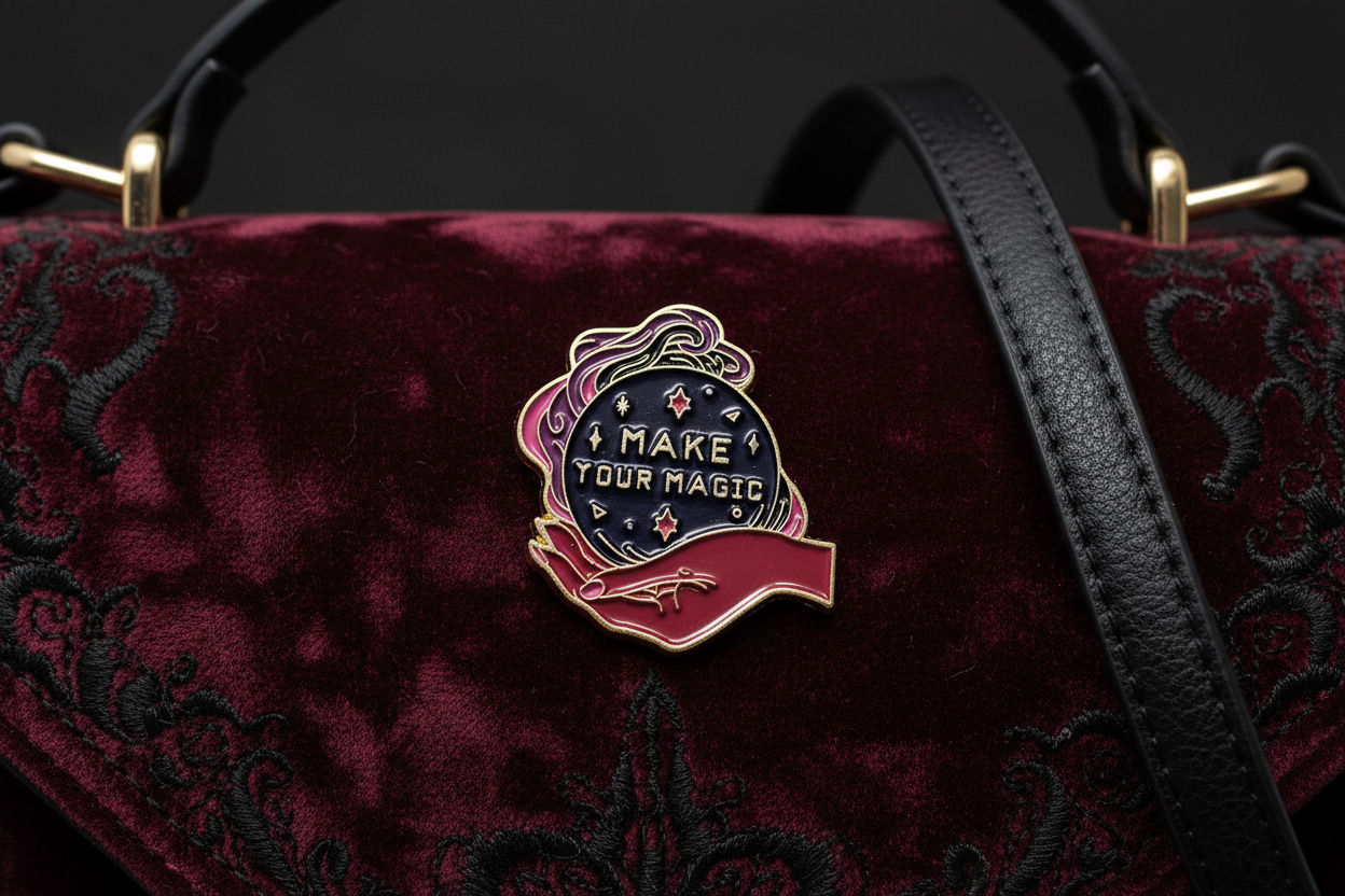 Make Your Magic Enamel Pin attached to purse gothic brooch accessory for bags and personal style