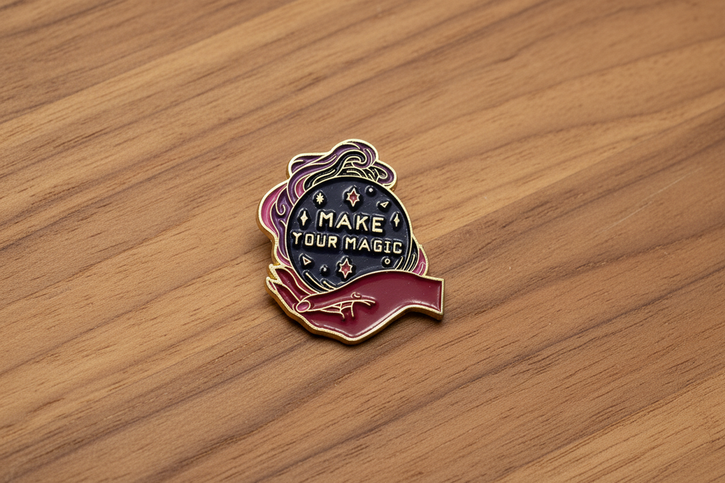 Make Your Magic Enamel Pin on wood background alt enamel pin with swirl detail