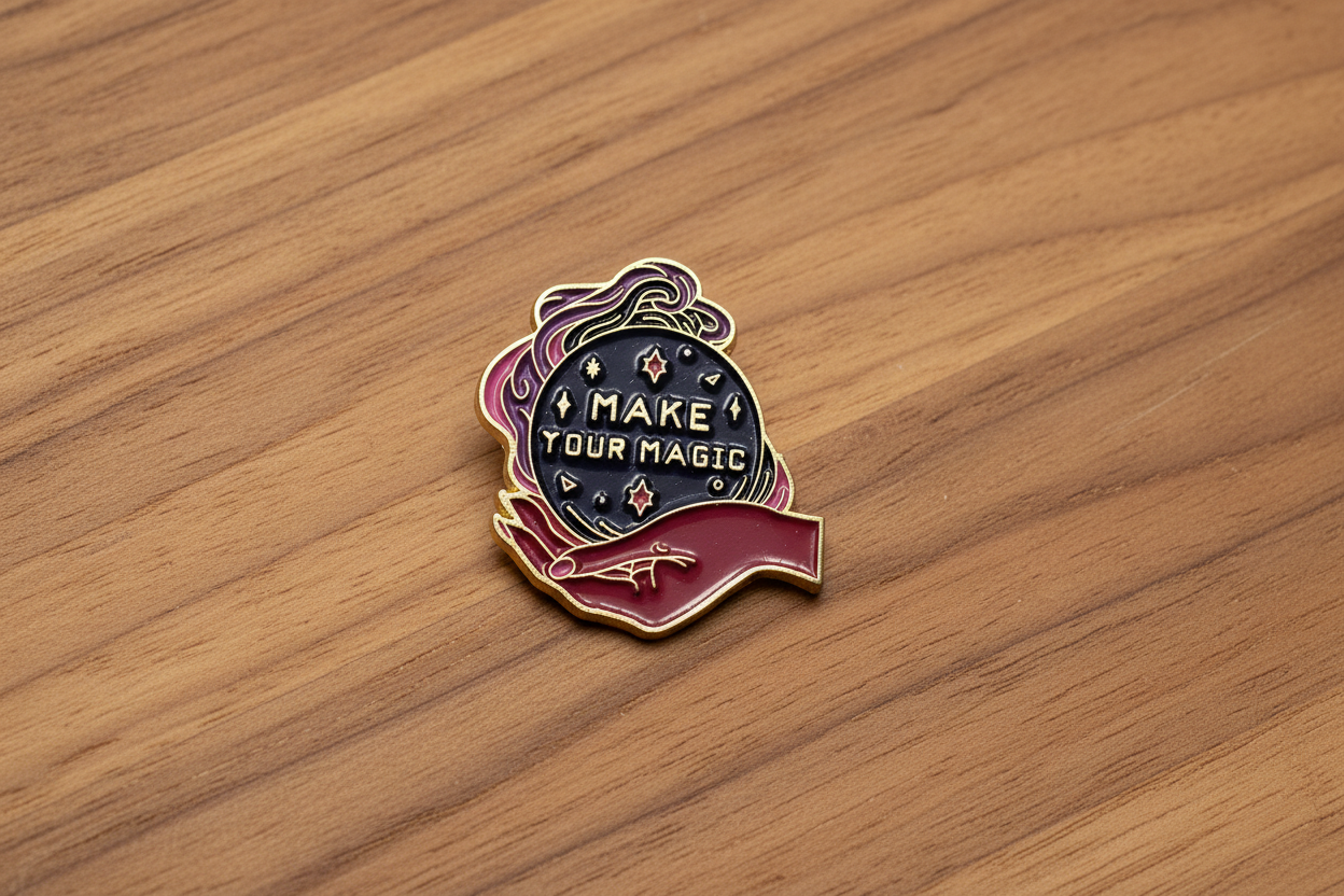 Make Your Magic Enamel Pin on wood background alt enamel pin with swirl detail