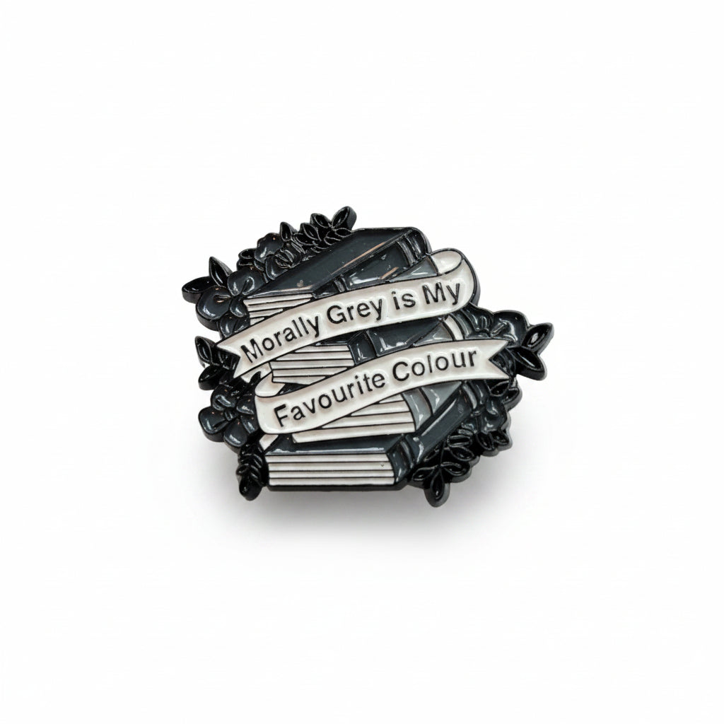 morally grey enamel pin eaturing book design, booktok gift for jackets and bags