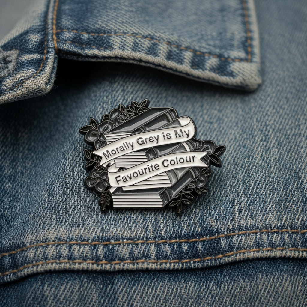 morally grey enamel pin worn on jacket lapel, bookish pin style for everyday wear