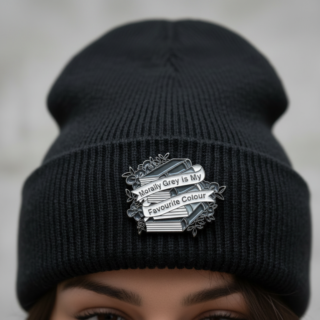 Morally grey enamel pin worn on beanie hat funny enamel pin for casual outfits and street wear