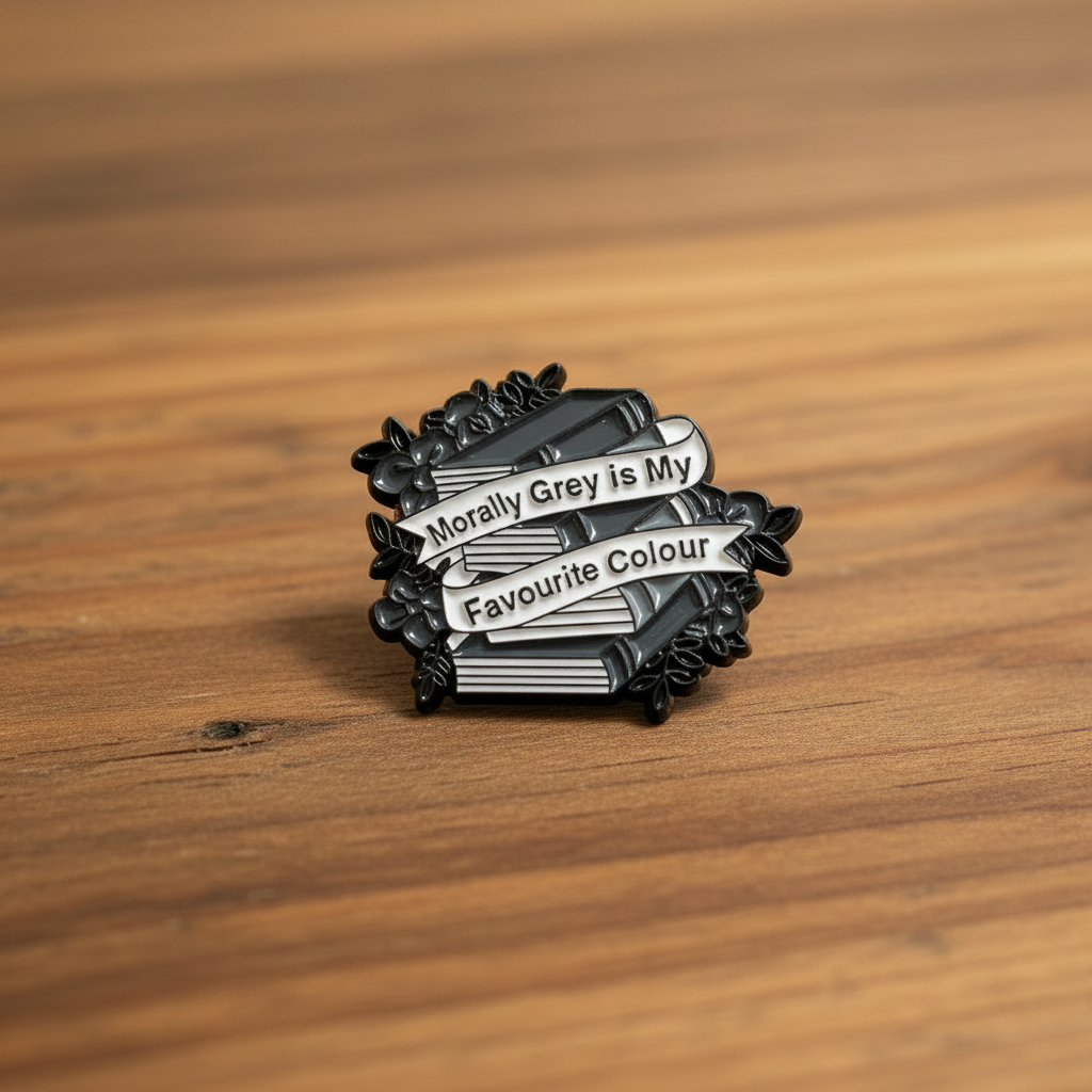 Morally grey enamel pin on wood background funny enamel pin with book detail
