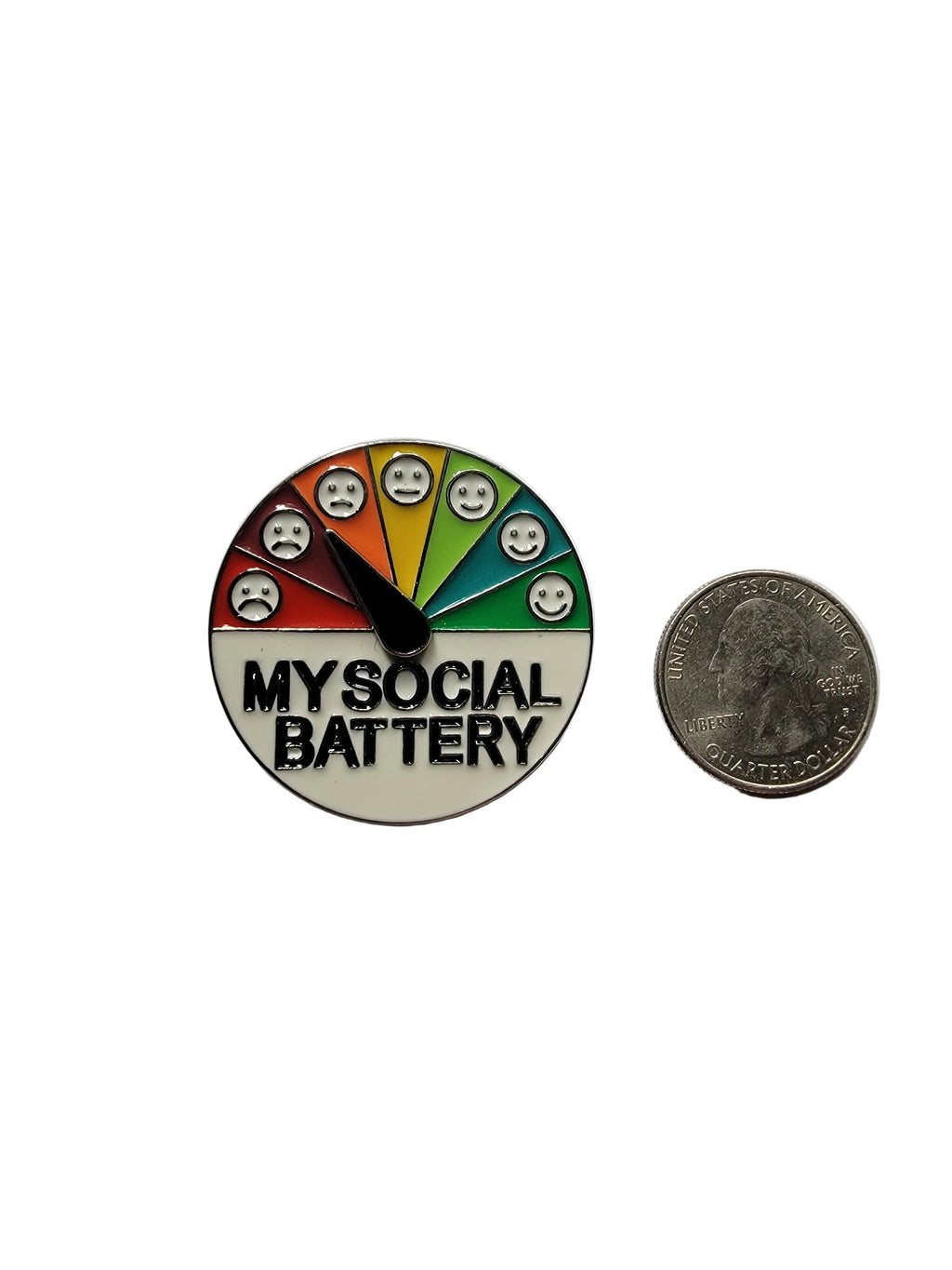 Round badge with colorful design and 'My Social Battery' text, next to a coin for size comparison on a light gray background.