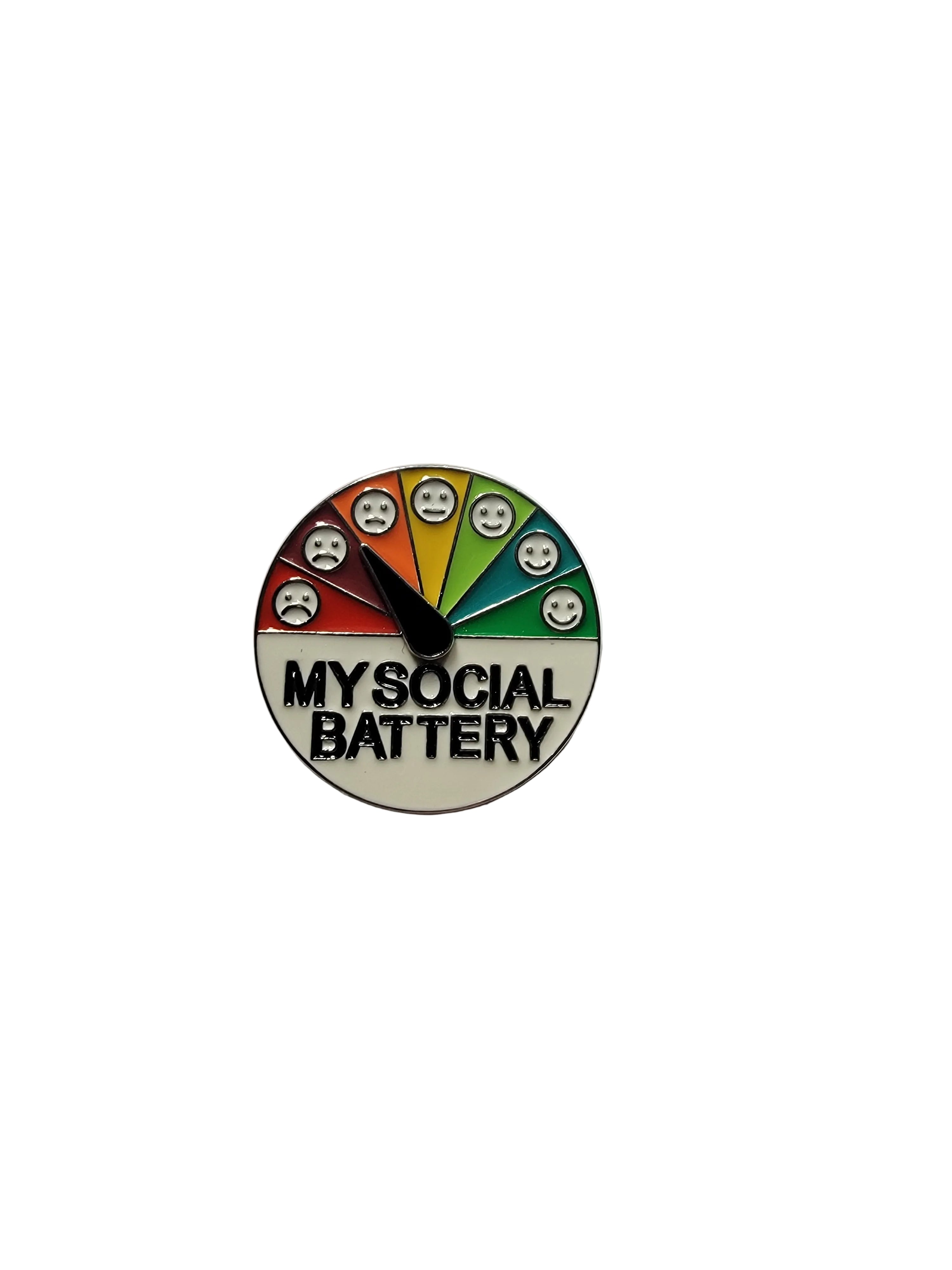Round badge with colorful design and 'My Social Battery' text on a white background