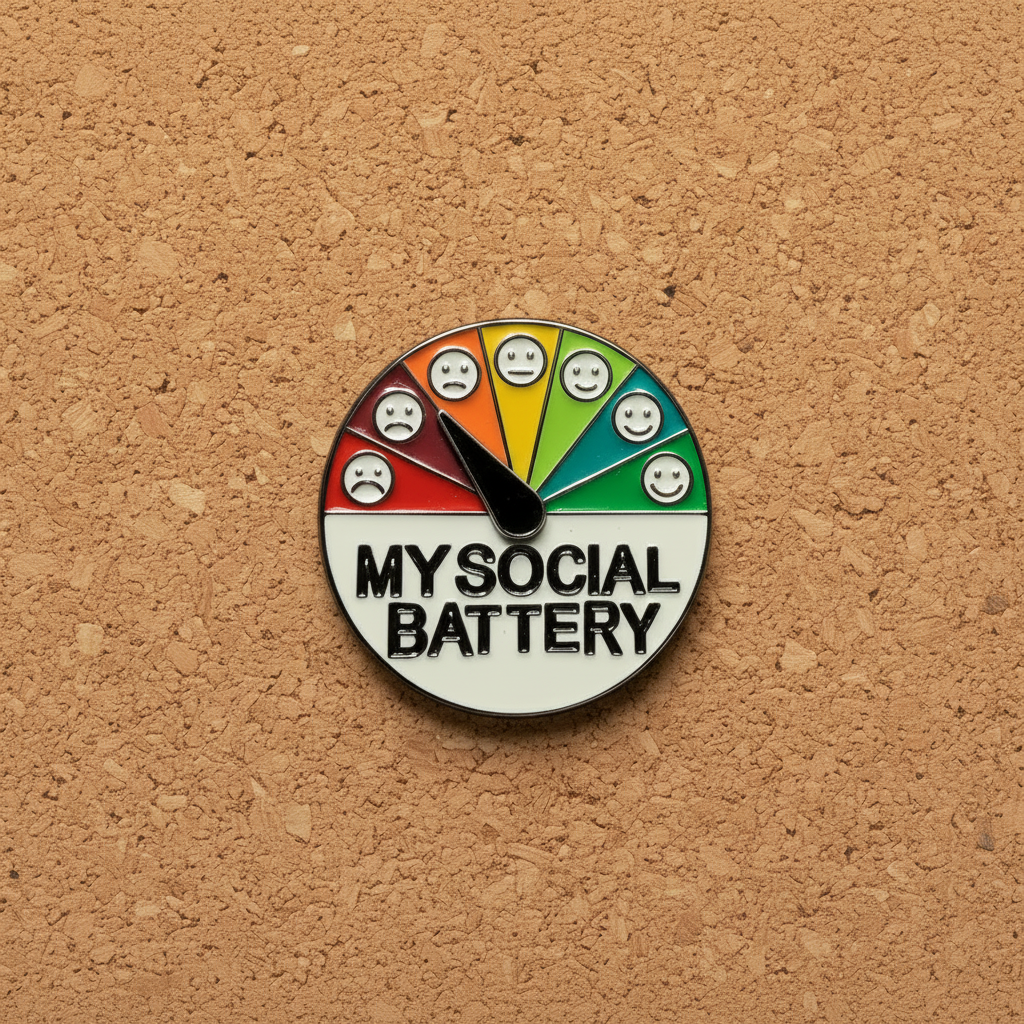 My social battery enamel pin displayed on cork board sarcastic enamel pin for collectors and display