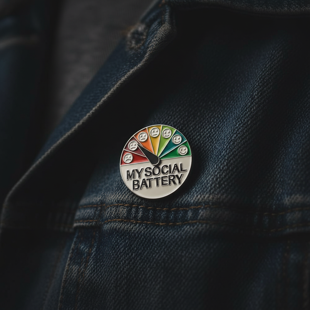 My social battery enamel pin worn on jacket lapel, introvert pin style for everyday wear