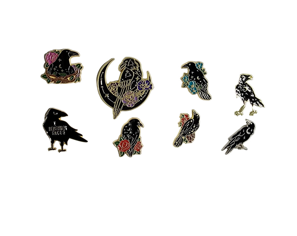 Mystical Crow Enamel Pin Collection featuring eight different raven designs, witchy gift for jackets and bags 