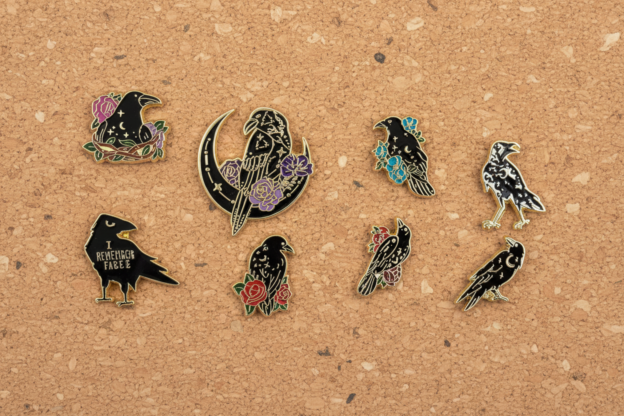Mystical Crow Enamel Pin Collection displayed on cork board Gothic enamel pin for collectors and display