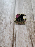 Mystical Enamel Pin on wood background witchy enamel pin with raven in a nest detail