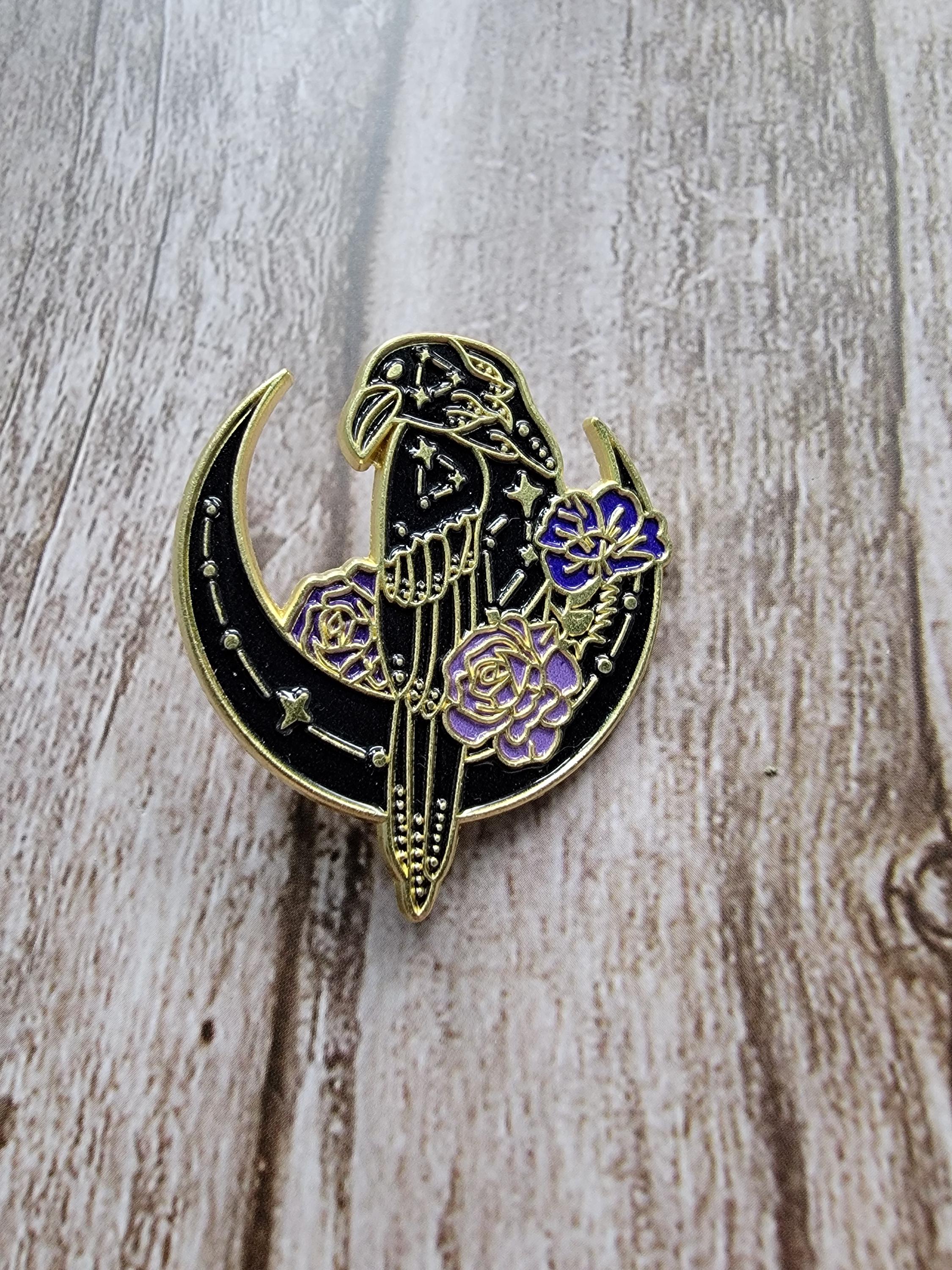 Mystical Crow Enamel Pin on wood background gothic enamel pin with raven and crescent moon detail