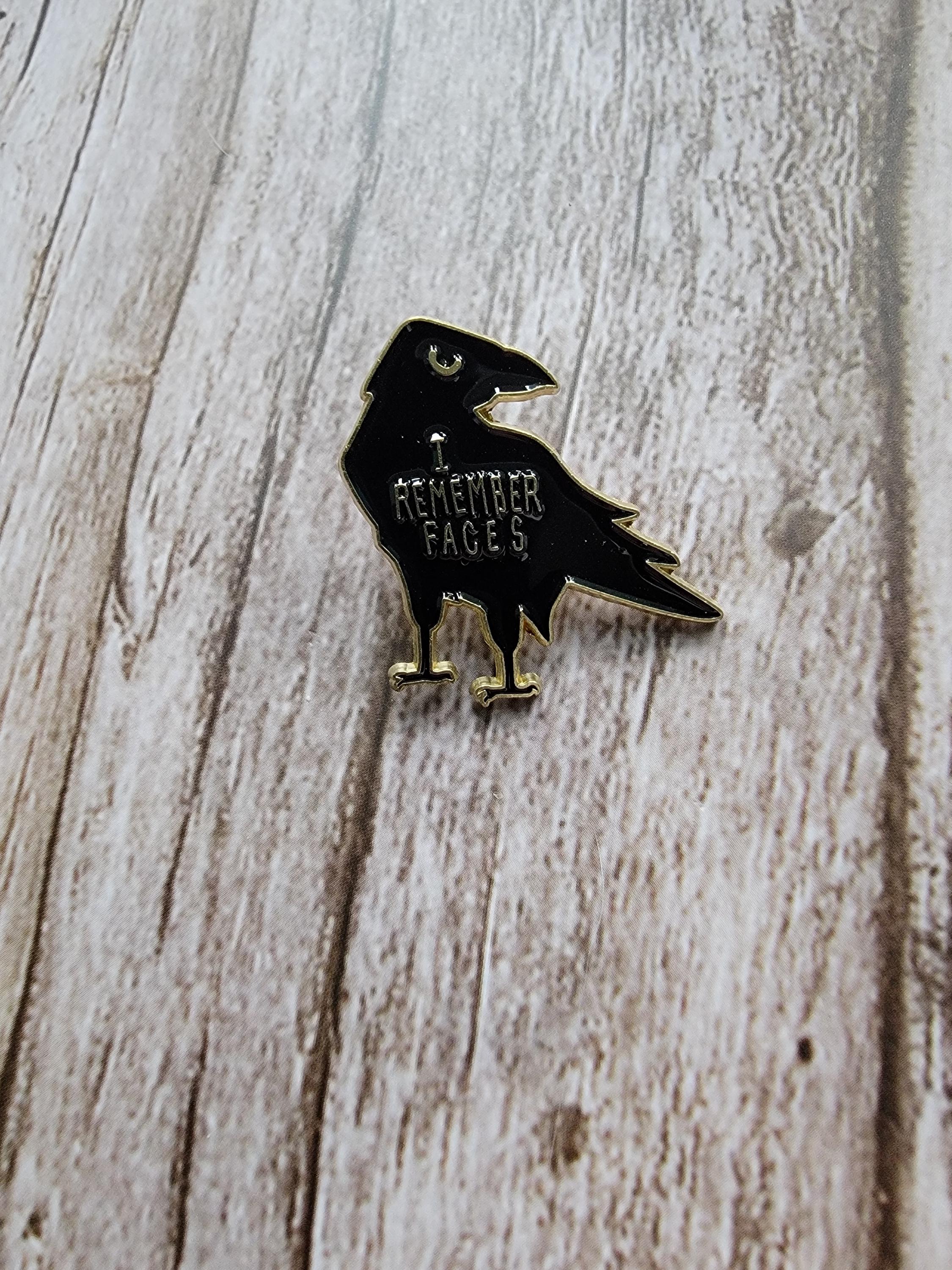 Mystical Crow Enamel Pin on wood background goth enamel pin with gold text " I remember faces" detail