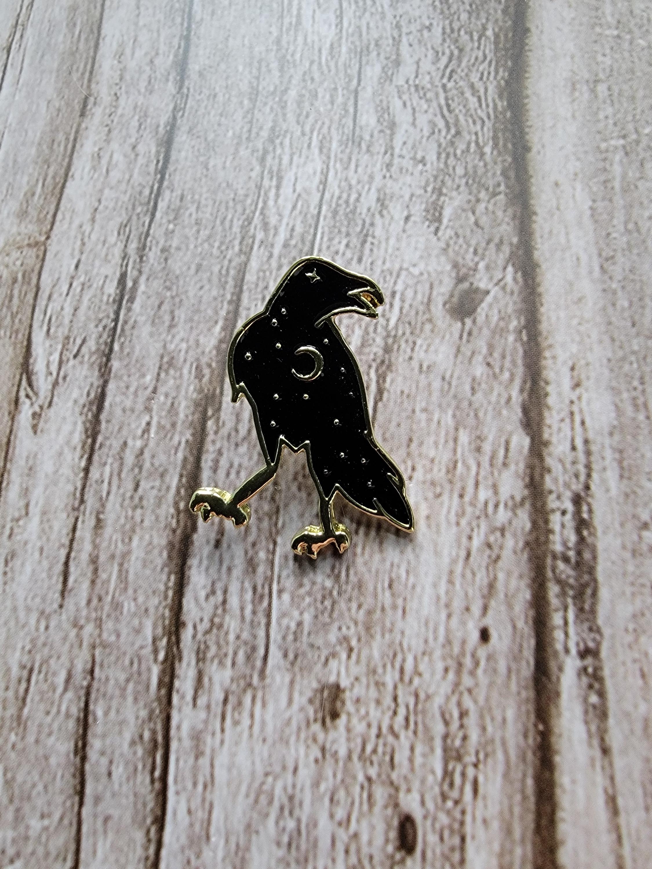 Mystical Crow Enamel Pin on wood background goth enamel pin with moon and stars 
