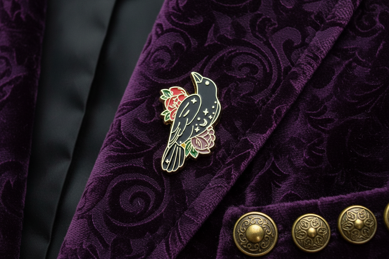 Mystical Crow Enamel pin worn on jacket lapel, gothic pin style for everyday wear