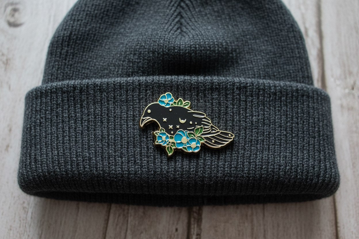 Mystical Crow enamel pin worn on beanie hat witch enamel pin for casual outfits and street wear