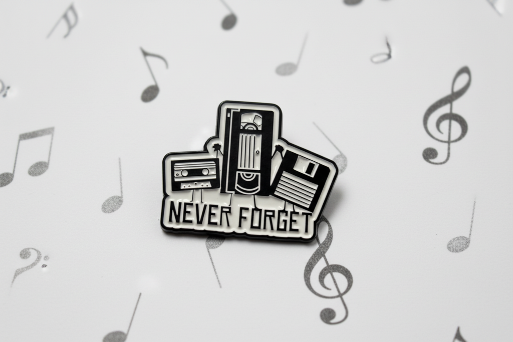 Pin with cassette tape design and 'Never Forget' text on a gray background