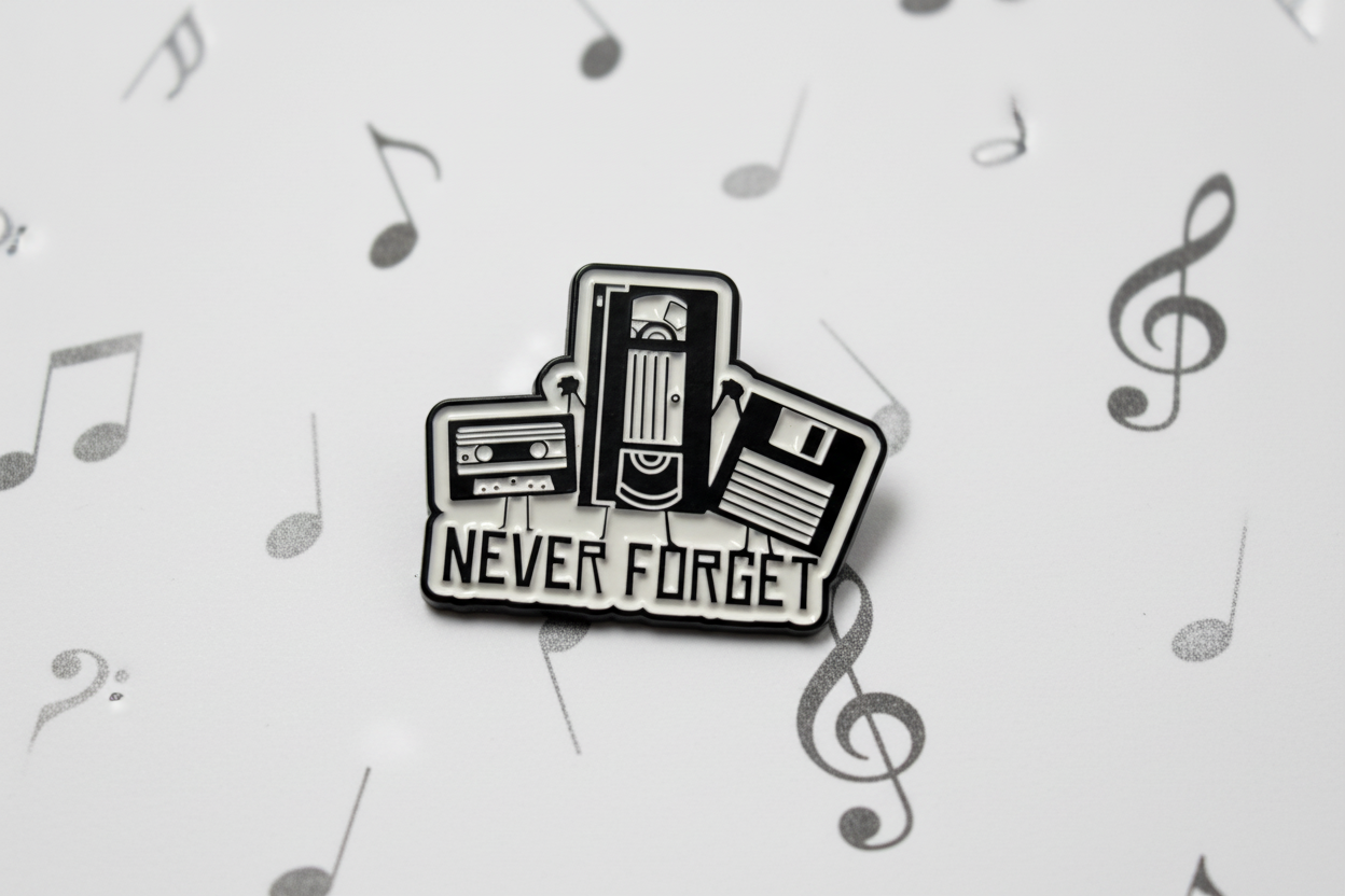 Pin with cassette tape design and 'Never Forget' text on a gray background