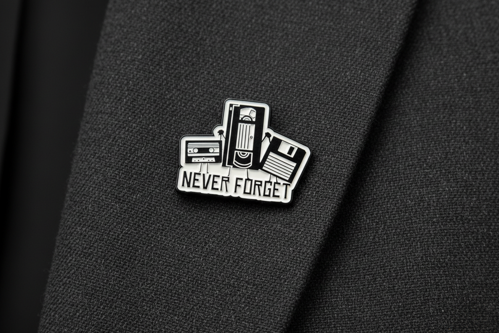 Pin with cassette tape design and 'Never Forget' text on a gray background
