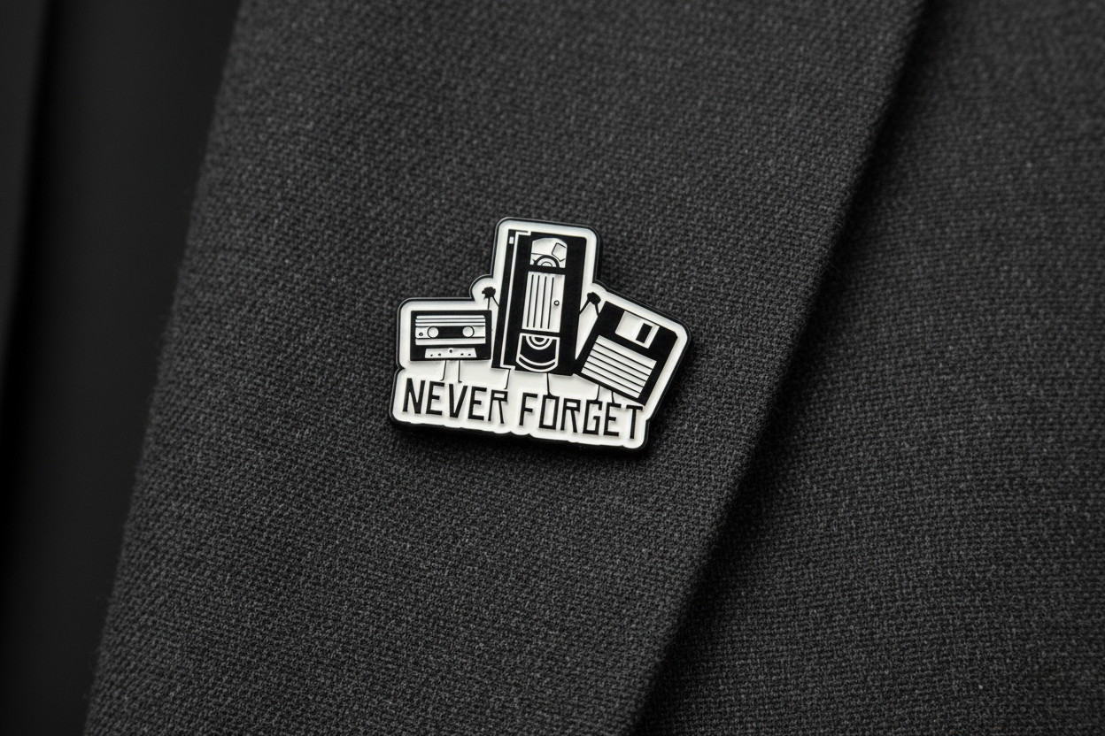 Pin with cassette tape design and 'Never Forget' text on a gray background