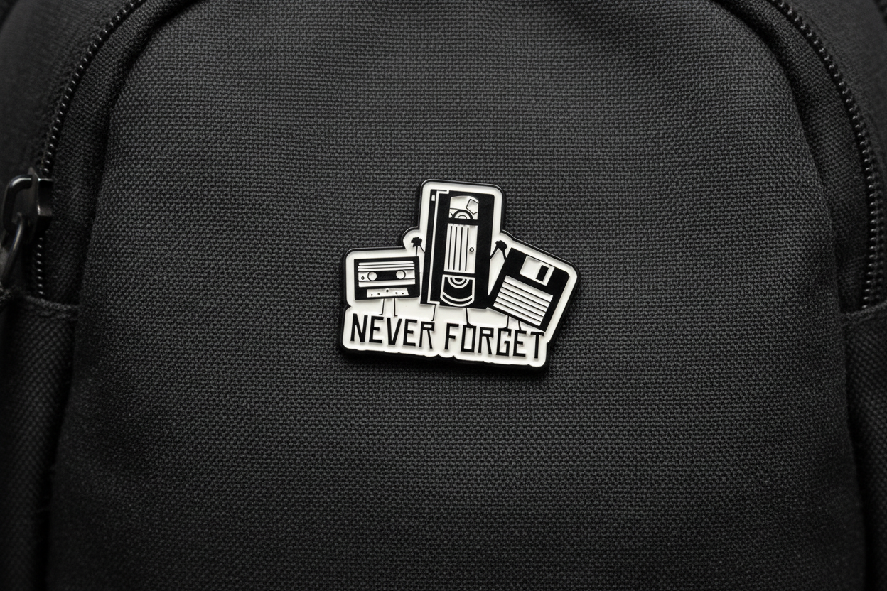 Pin with cassette tape design and 'Never Forget' text on a gray background