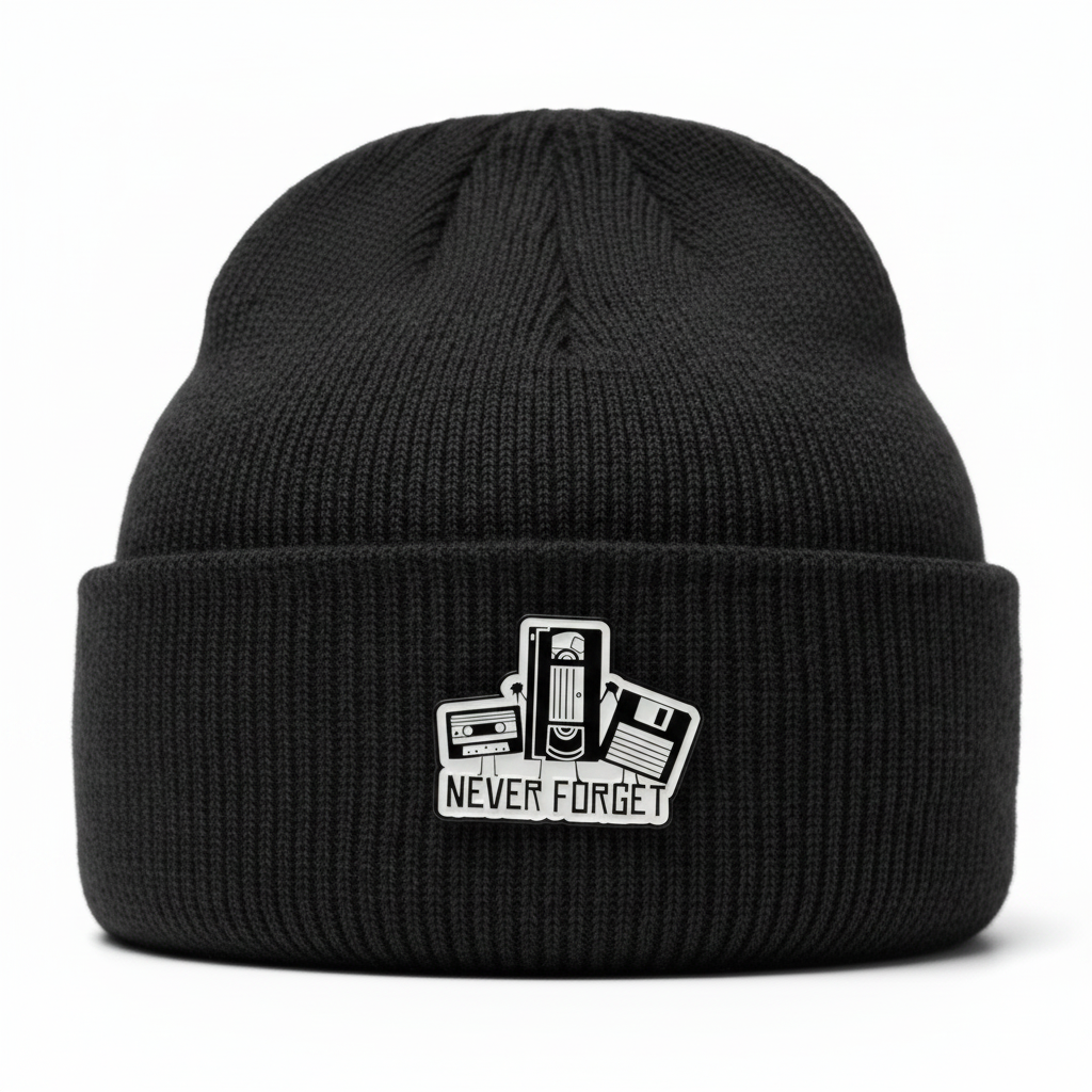 Never forget enamel pin worn on beanie hat alternative enamel pin for casual outfits and street wear