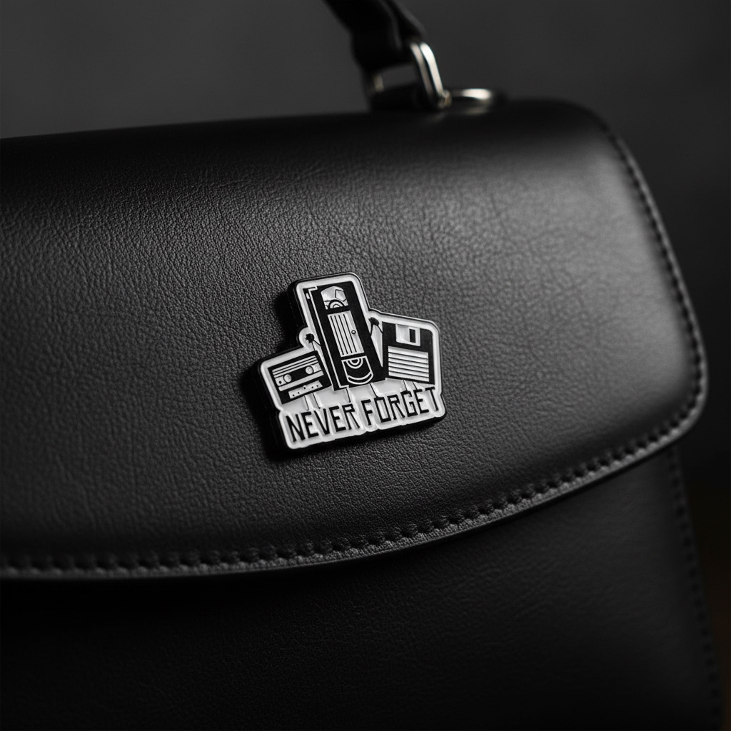 Never forget enamel pin attached to purse retro brooch accessory for bags and personal style