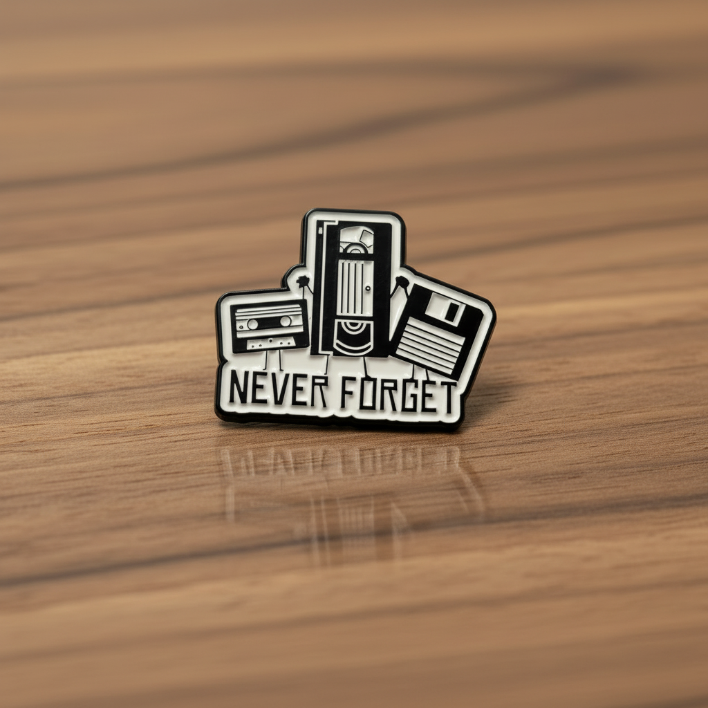 Never forget enamel pin on wood background millienial enamel pin with cassette,vhs tape and floppy disk detaile