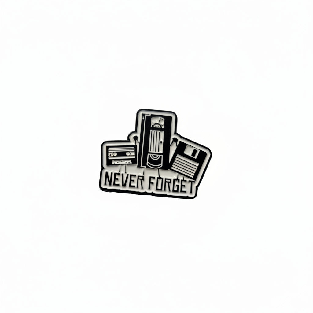 Never forget enamel pin featuring vhs, cassette tape and floppy disk design, retro gift for jackets and bags