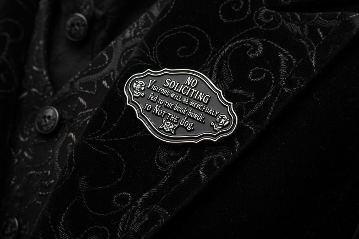 No Soliciting Violators Will Be Sacrificed to the Old Gods Not the New Enamel Pin worn on jacket lapel, gothic pin style for everyday wear