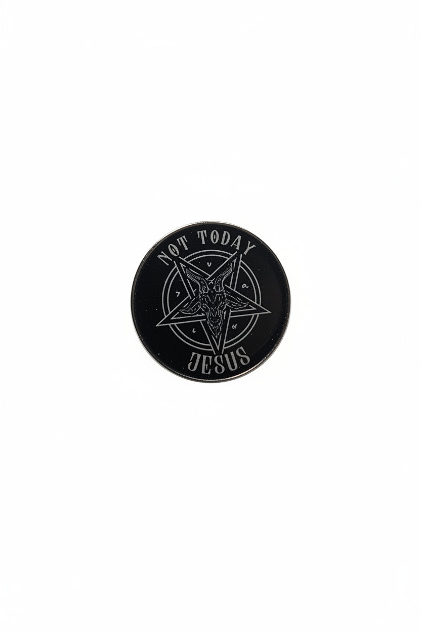 Not Today Jesus Enamel Pin featuring goat design, atheist gift for jackets and bags 