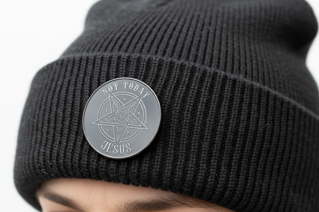 Not Today Jesus Enamel Pin worn on beanie hat atheist enamel pin for casual outfits and street wear