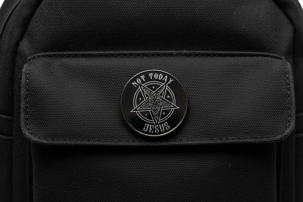 Not Today Jesus Enamel Pin on backpack witchy accessory for customizing bags and school gear