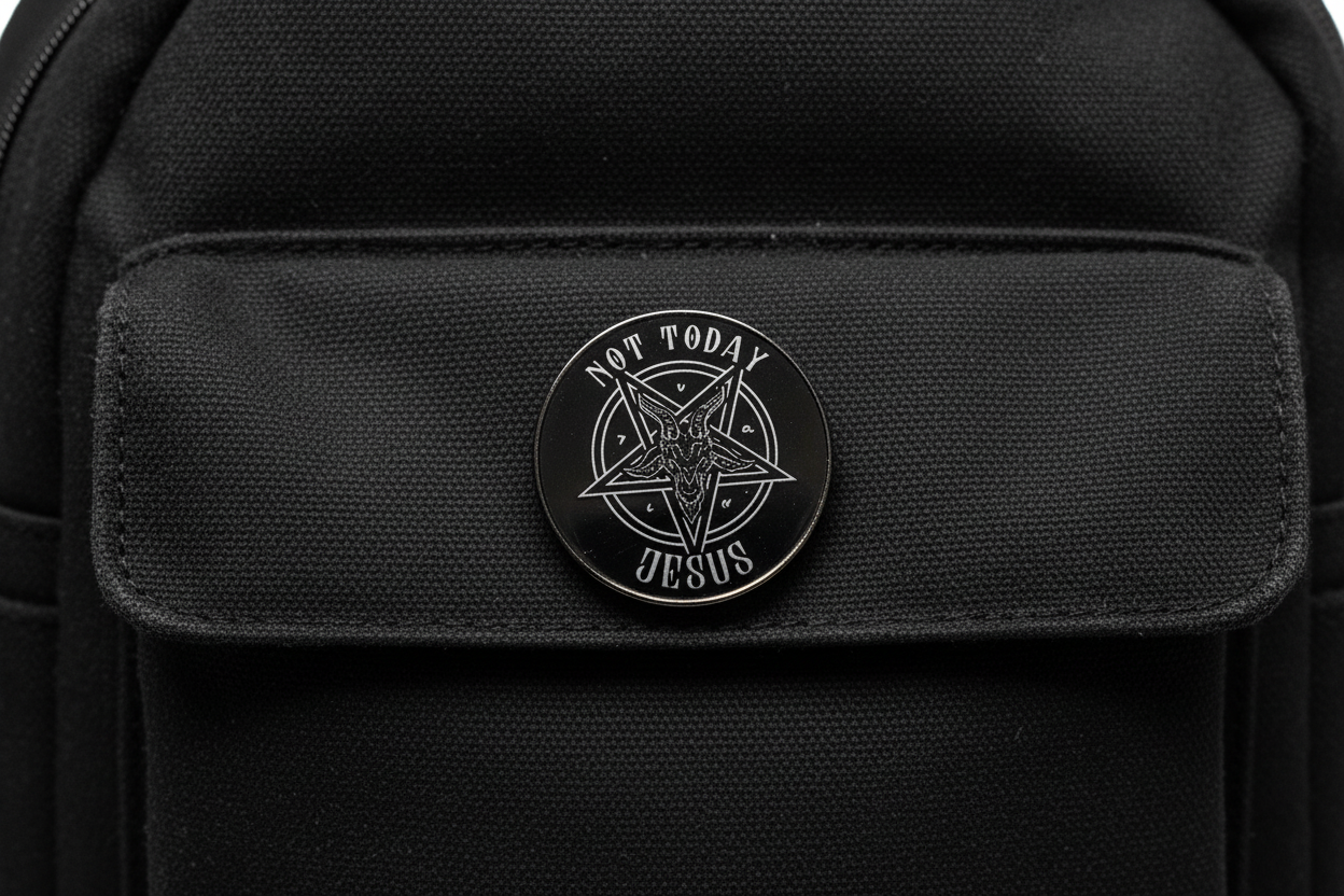 Not Today Jesus Enamel Pin on backpack witchy accessory for customizing bags and school gear