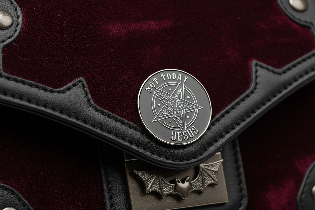 Not Today Jesus Enamel Pin attached to purse gothic brooch accessory for bags and personal style