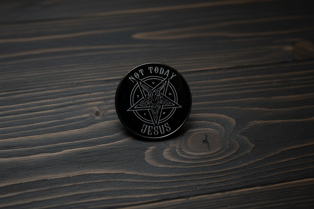 Not Today Jesus Enamel Pin on wood background satanic enamel pin with goat detail