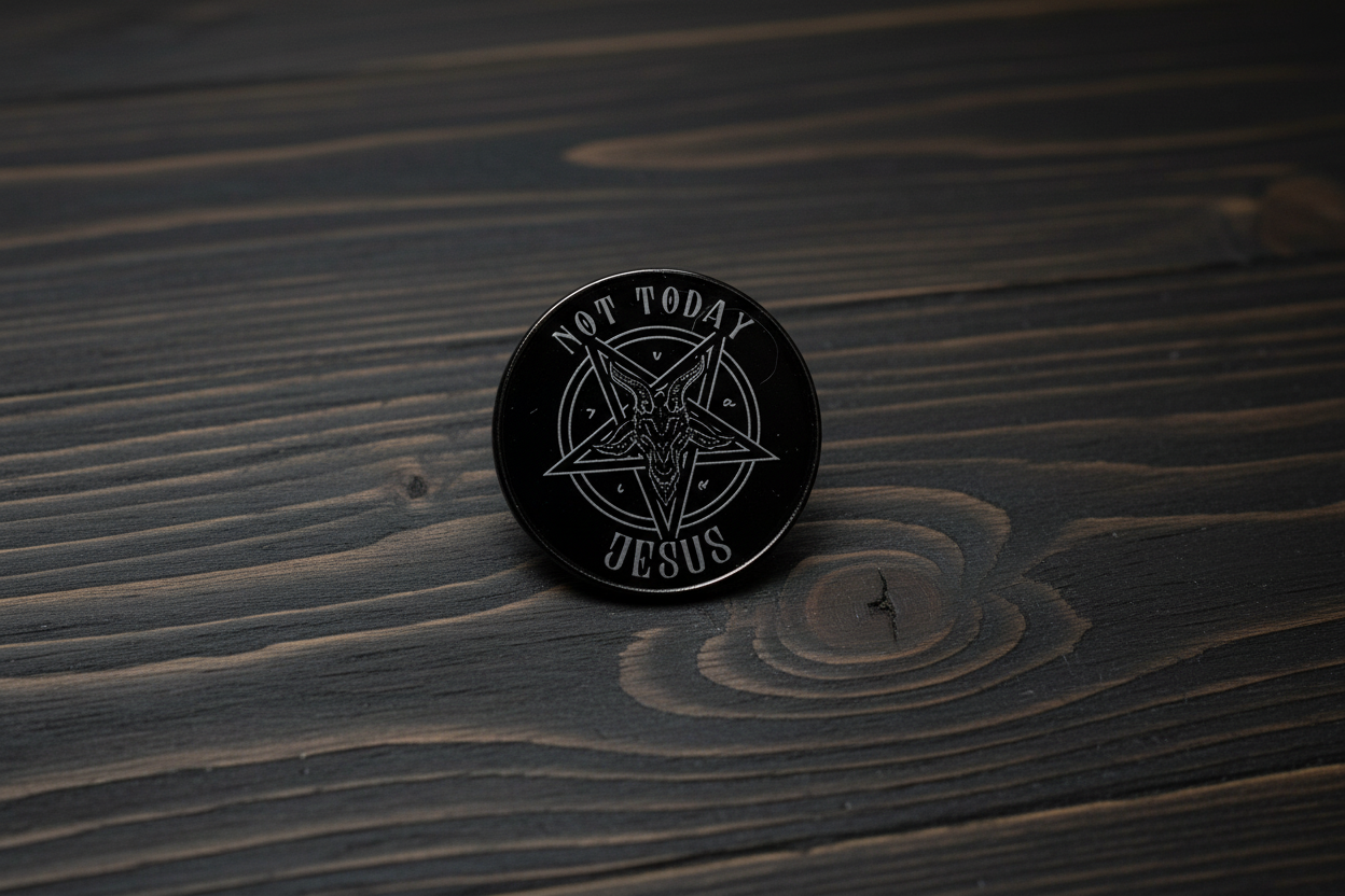 Not Today Jesus Enamel Pin on wood background satanic enamel pin with goat detail