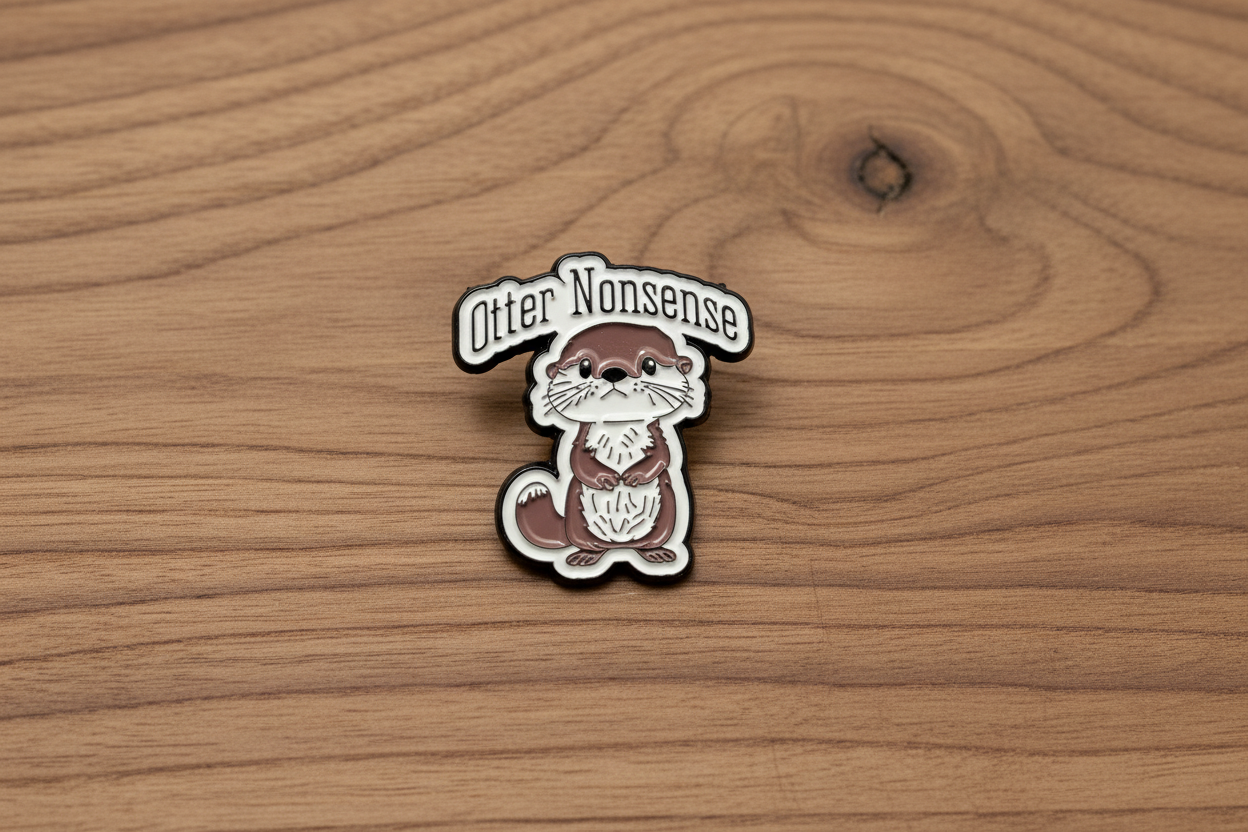 Pin with otter design and text on a wood background