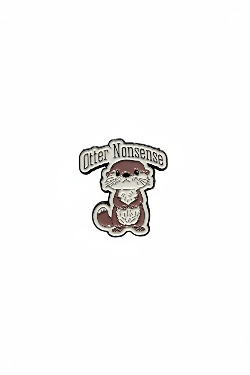 Pin with otter design and text on a gray background