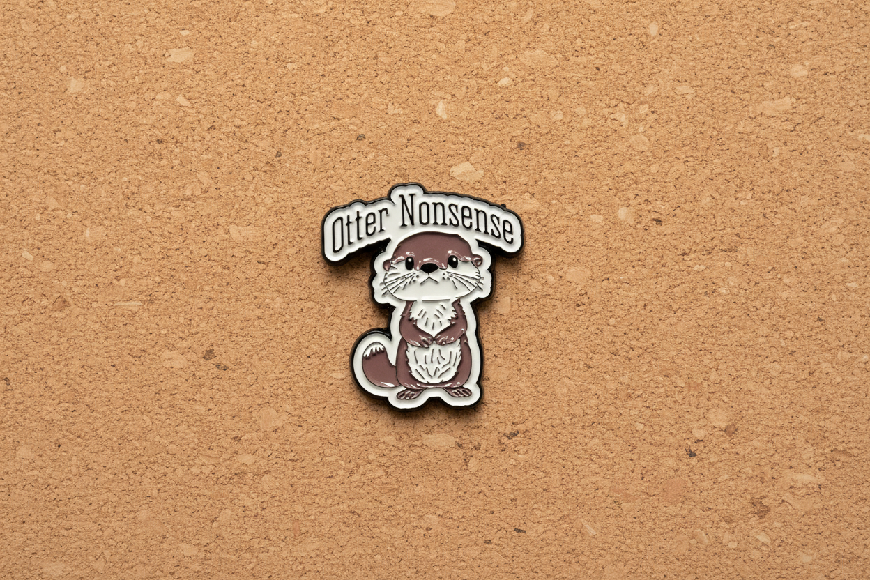Pin with otter design and text on a cork background
