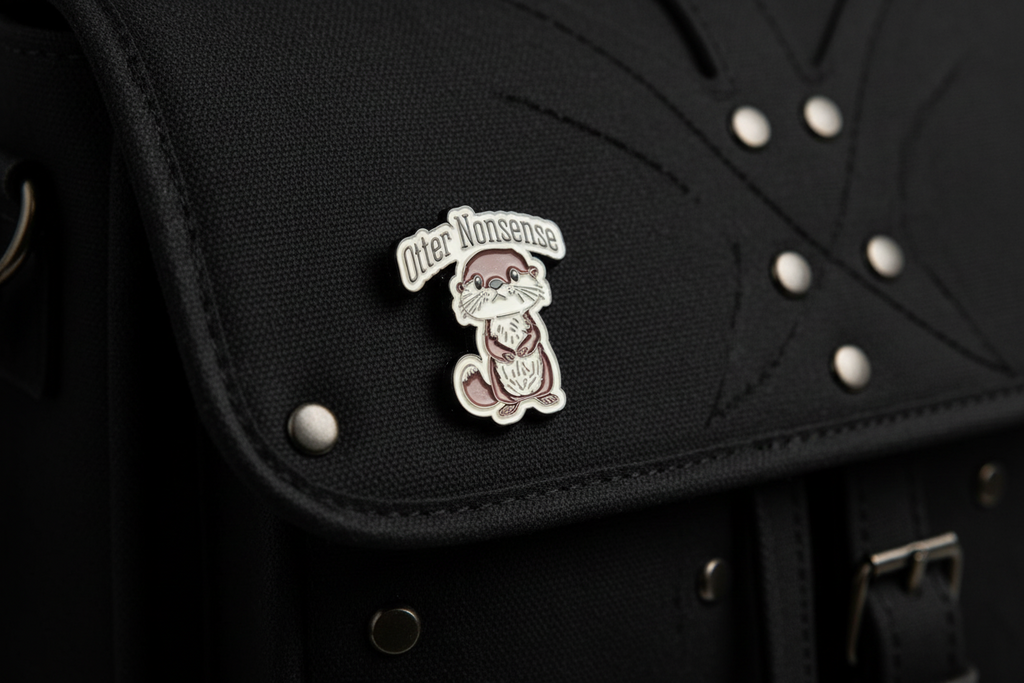 Pin with otter design and text on a black fabric background
