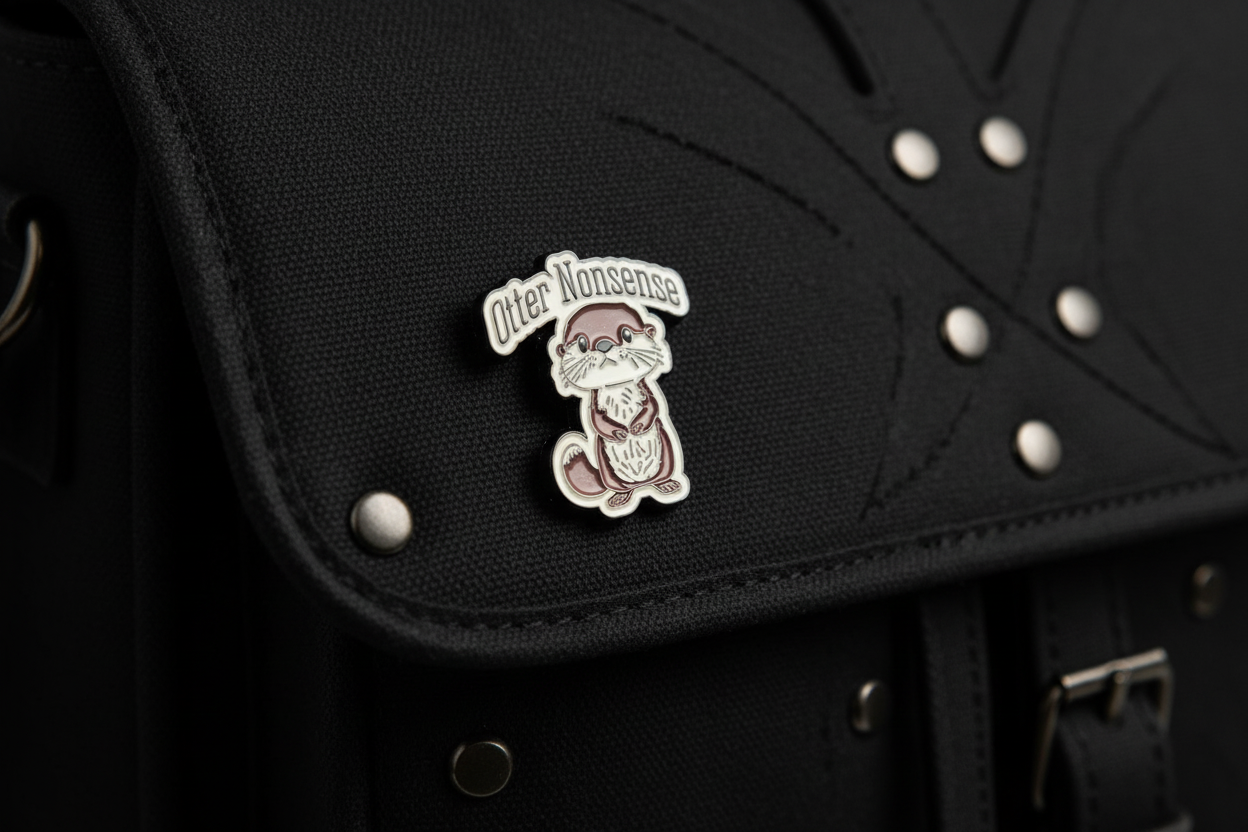 Pin with otter design and text on a black fabric background