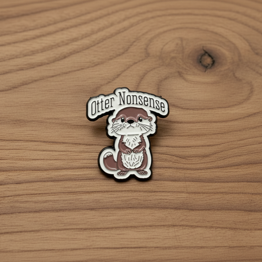 Otter nonsense enamel pin on wood background animal enamel pin with cute otter detail