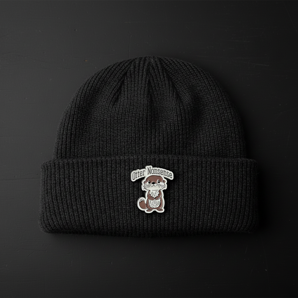 Otter nonsense enamel pin worn on beanie hat funny enamel pin for casual outfits and street wear